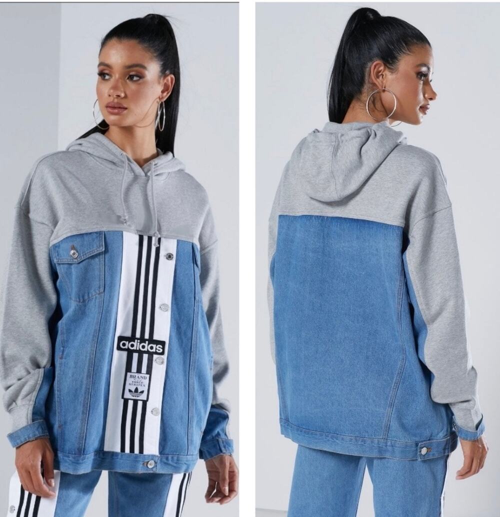 Adidas x Dry Clean Only Denim Jacket Hoodie Blue Gray Medium Oversized NWT